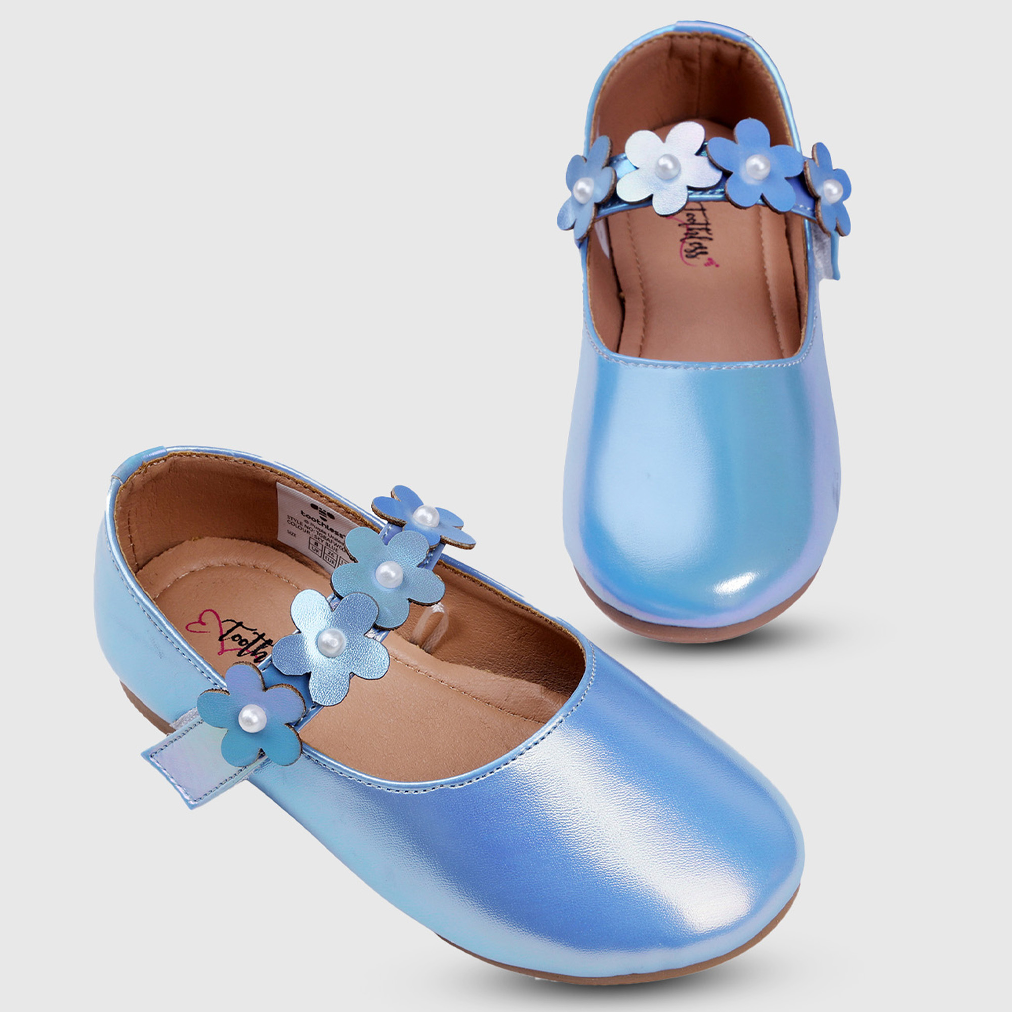 Girls Sky Blue Shimmer Ballerinas with Floral Detail