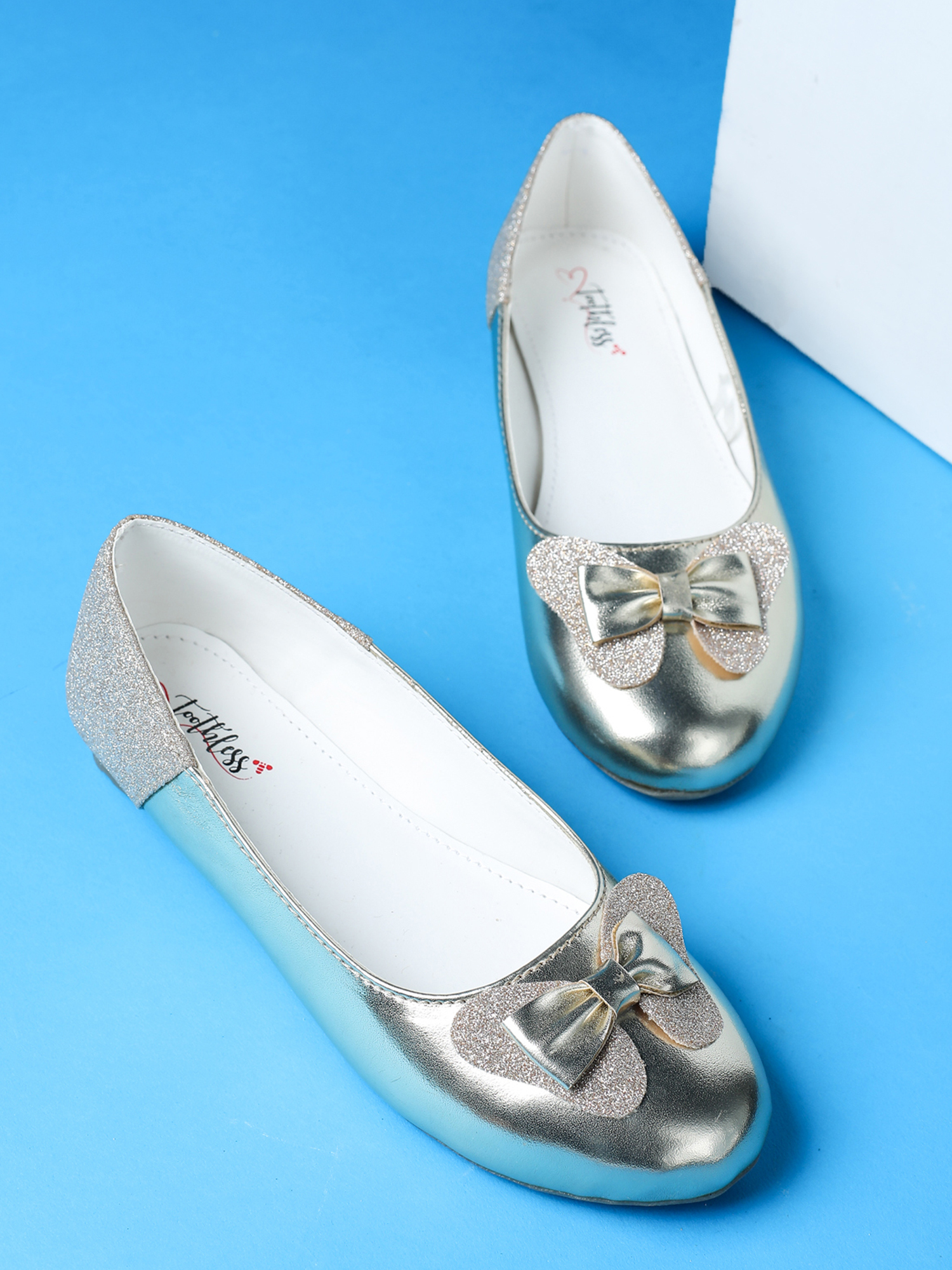 Girls Gold Bow Glitter Slip On Ballerinas