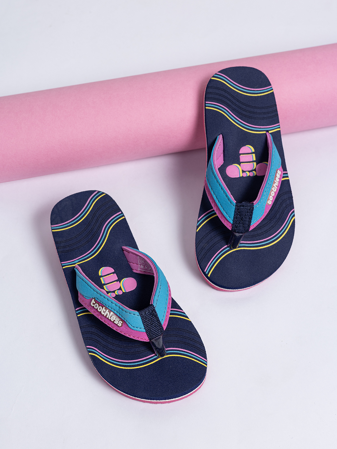 Girls Navy Printed Flip Flops with Soft Straps and Anti Skid Sole