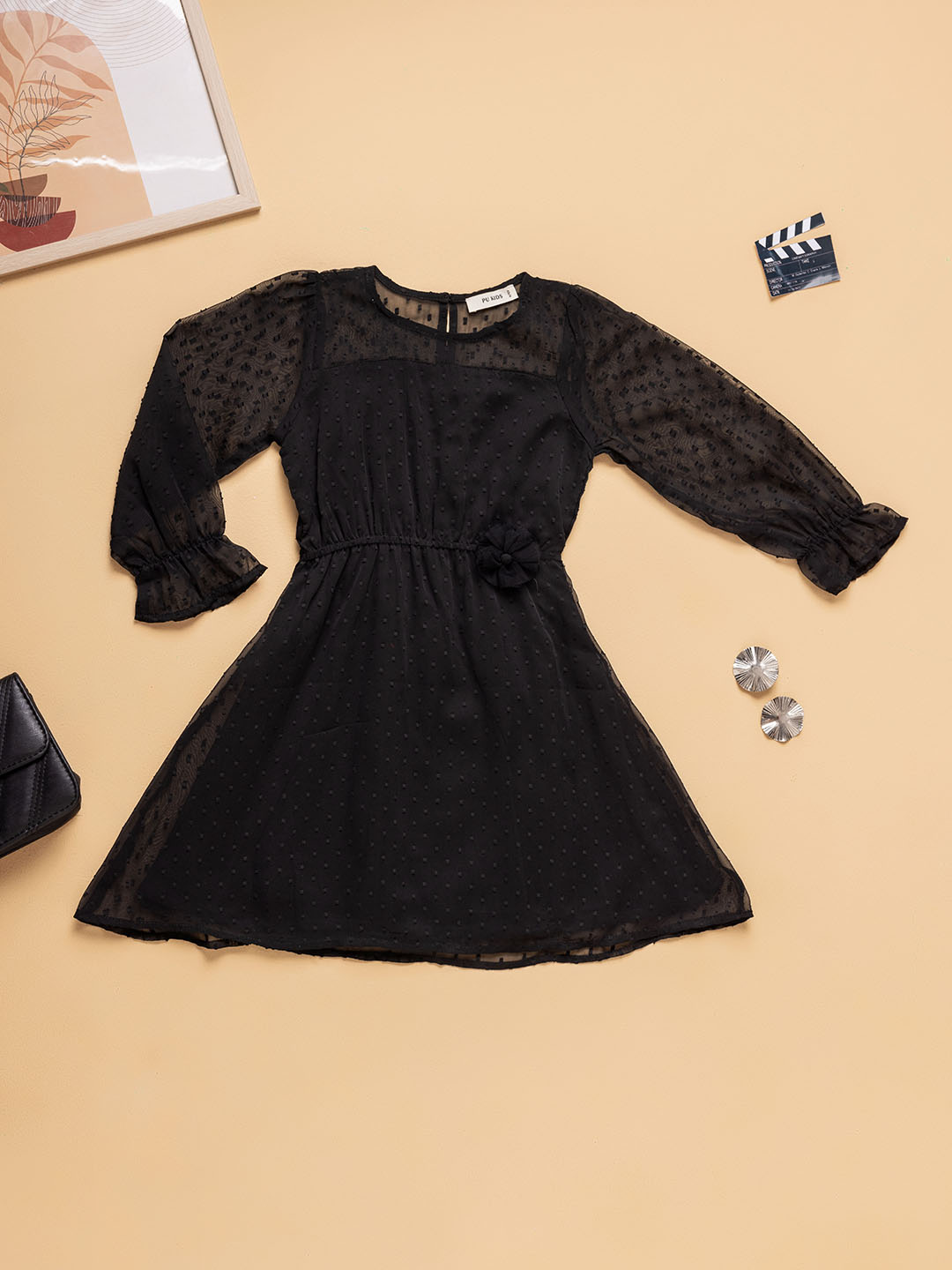 Girls Black Dress with Sheer Sleeves