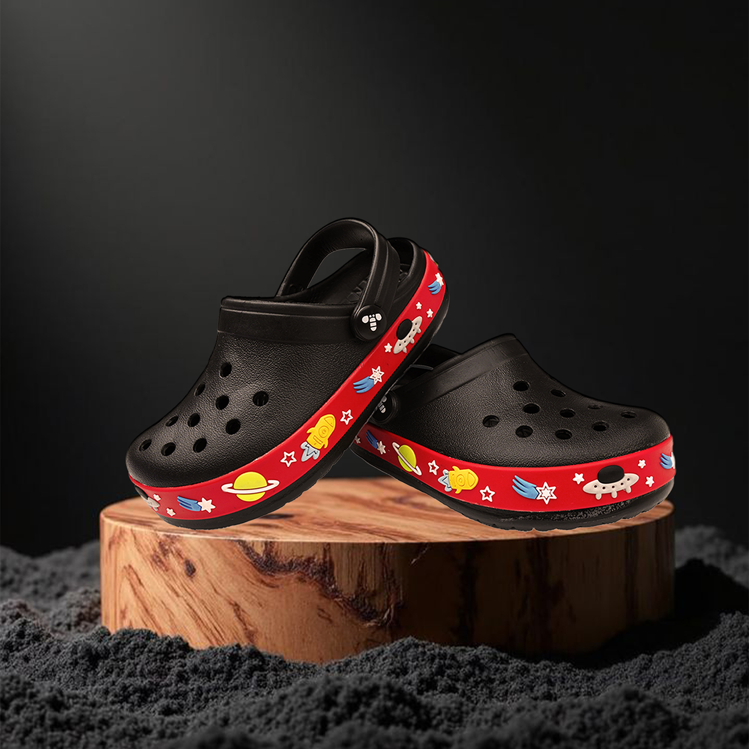 Boys Black Clogs with Space Themed Sole Detail