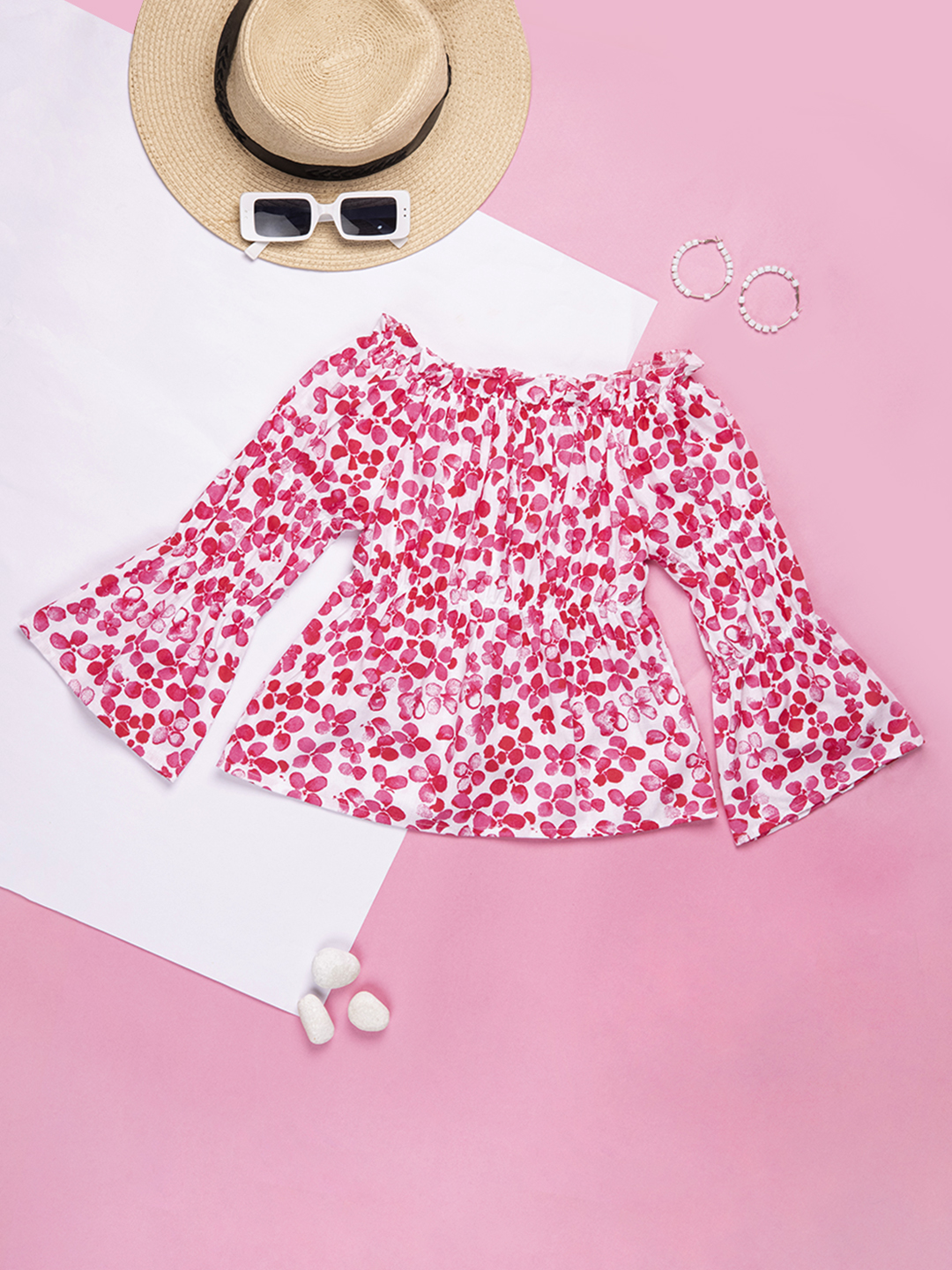 Kids Girls Floral Poplin Off-Shoulder Top