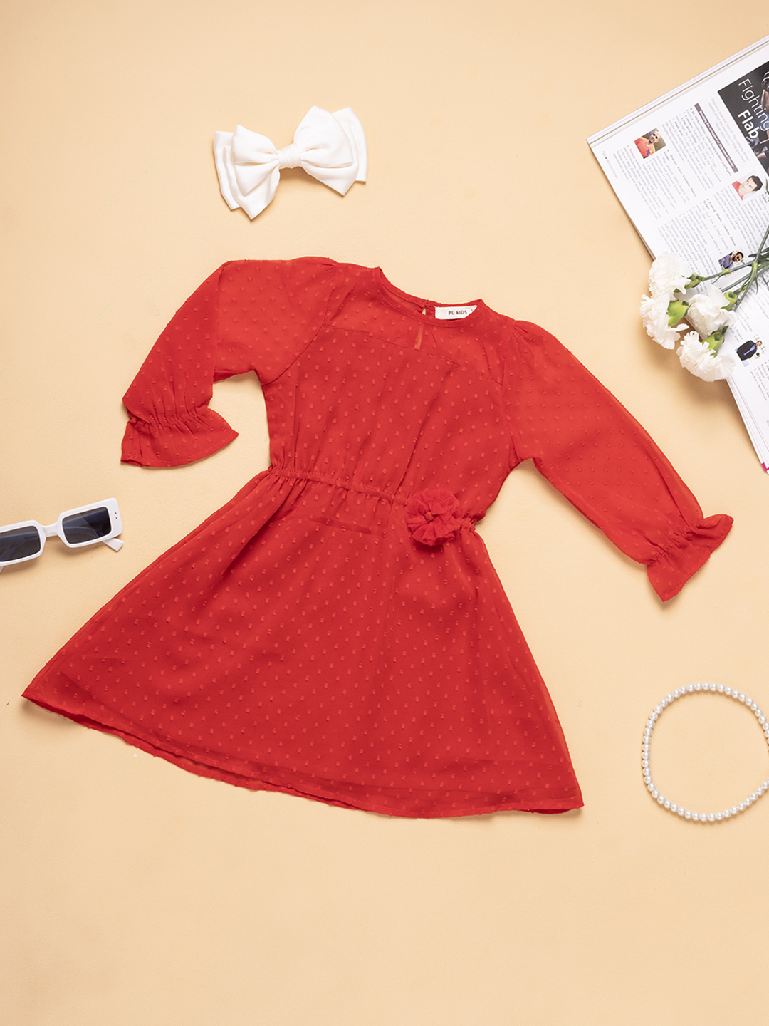 Girls Red Dress with Sheer Sleeves