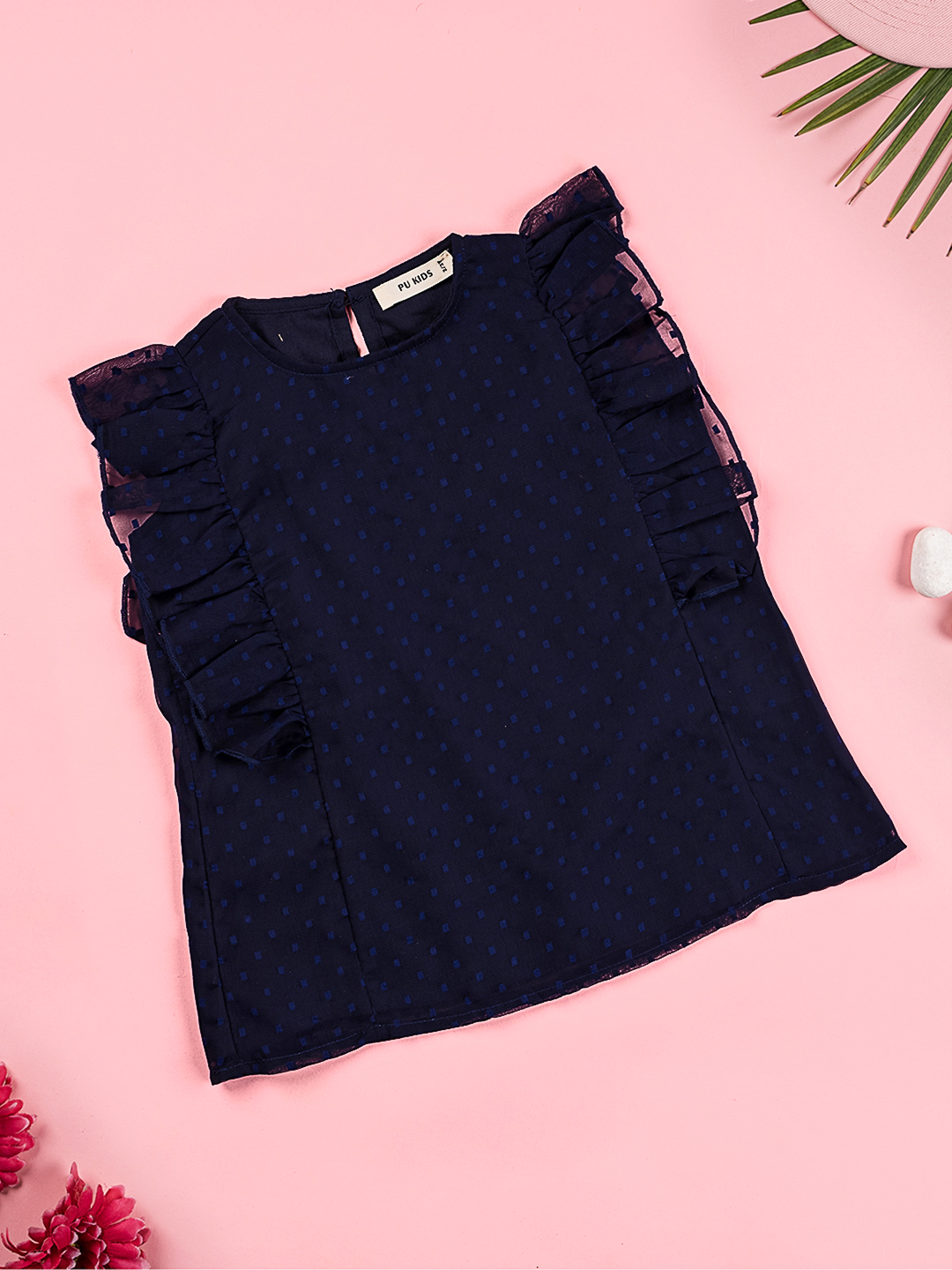 Girls Navy Blue Cotton Voile Top with Frill Sleeves