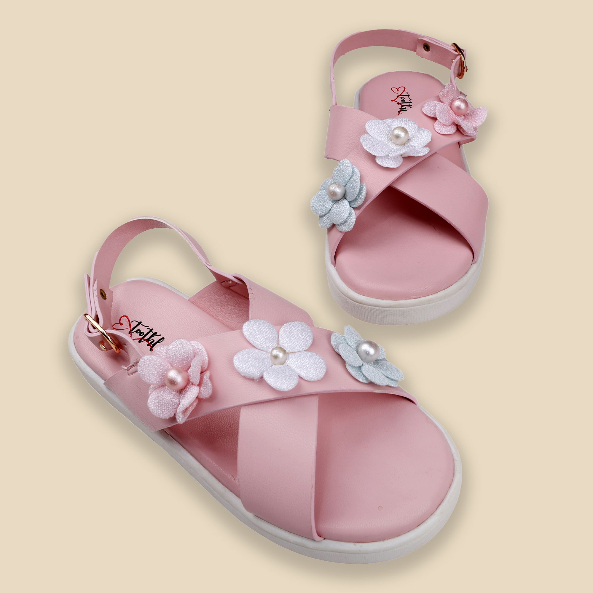 Girls Pink Floral Pearl Detail Sandals