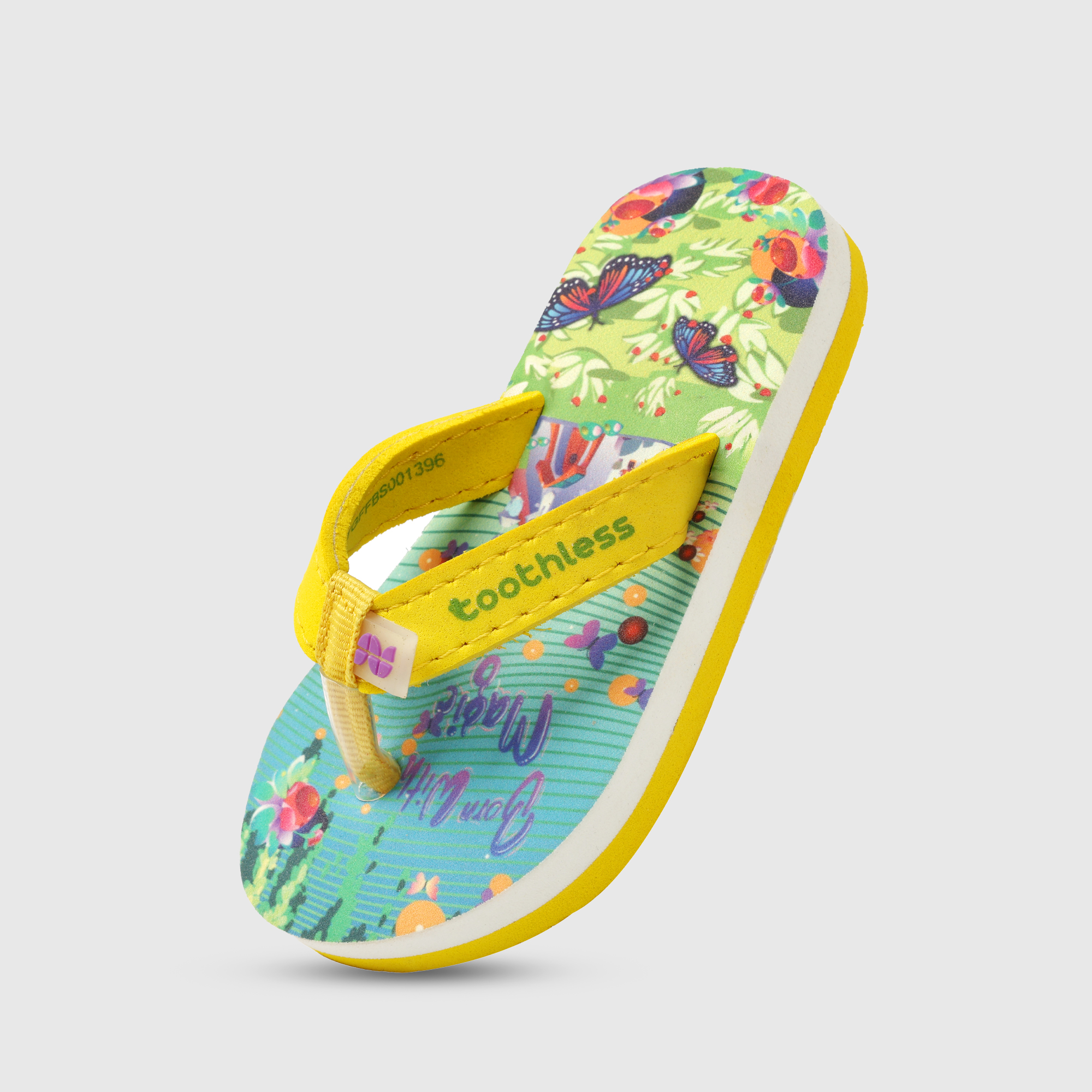 Girls Yellow Butterfly Print Slip On Flip Flops