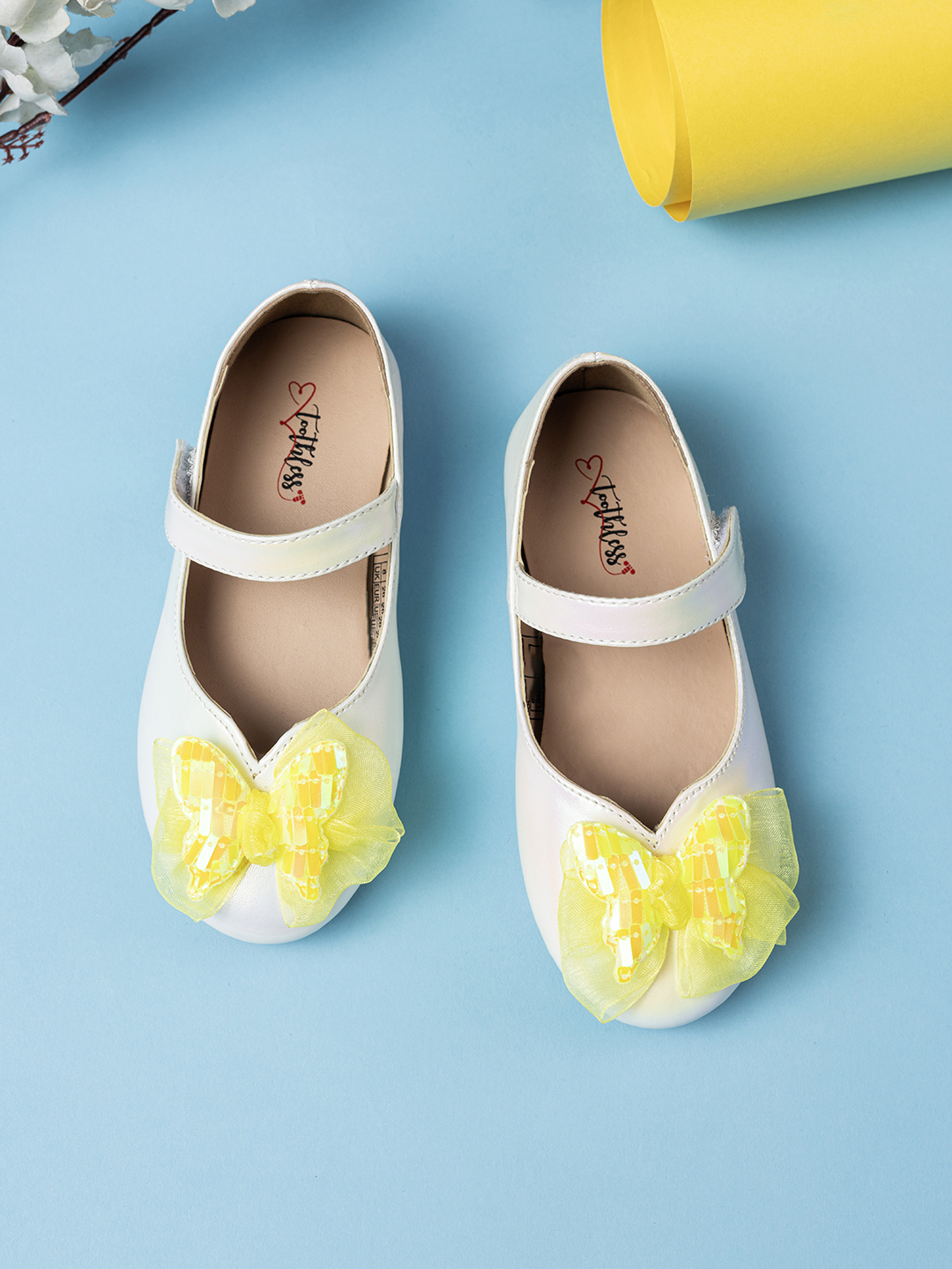 Kids Girls Shimmer White Ballerinas with Flower Detail & Velcro Strap
