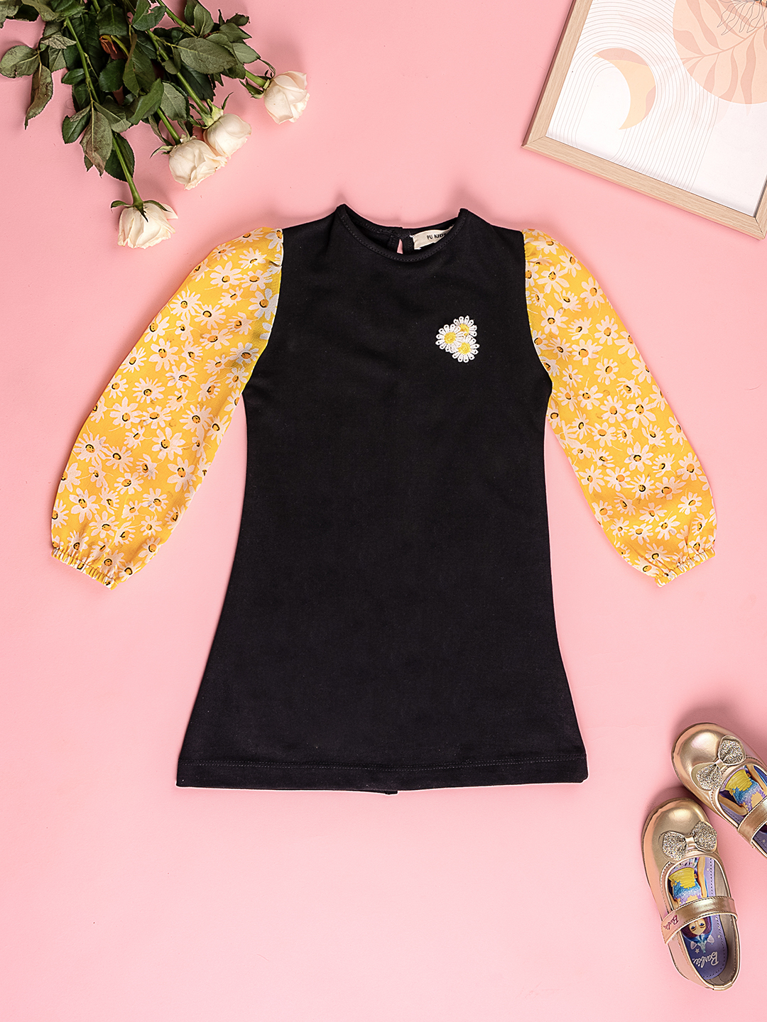 Girls Black & Yellow Terry Dress with Printed Sleeves