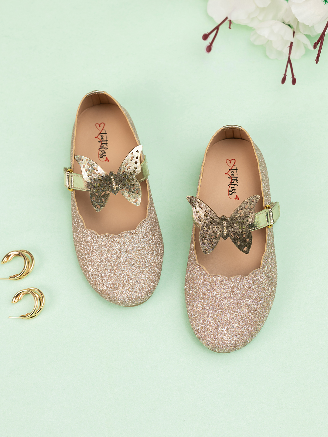Girls Gold Glitter Ballerinas with Butterfly Detail