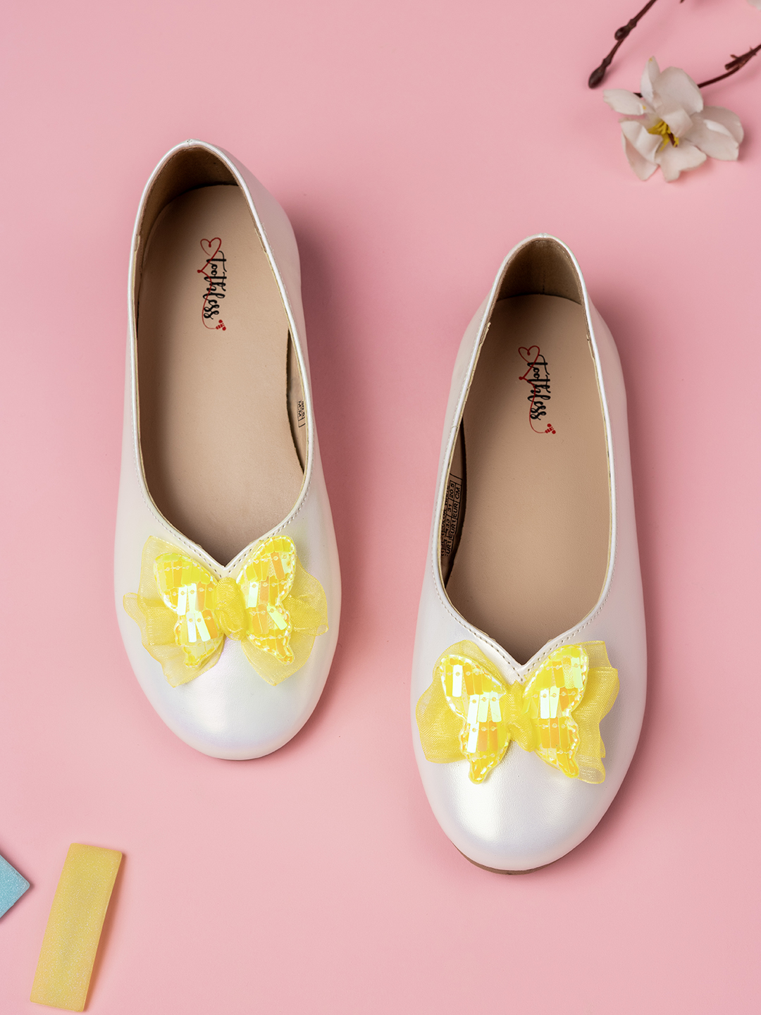 Girls Metallic White Ballerinas with Butterfly Bow Detail