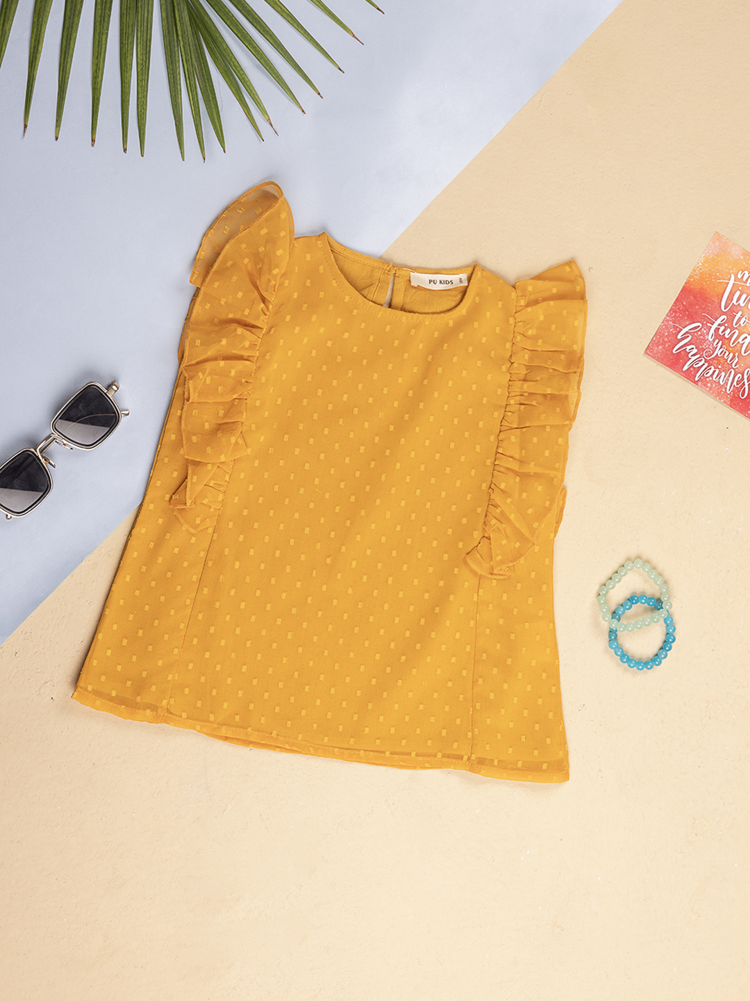 Girls Mustard Cotton Voile Top with Frill Sleeves