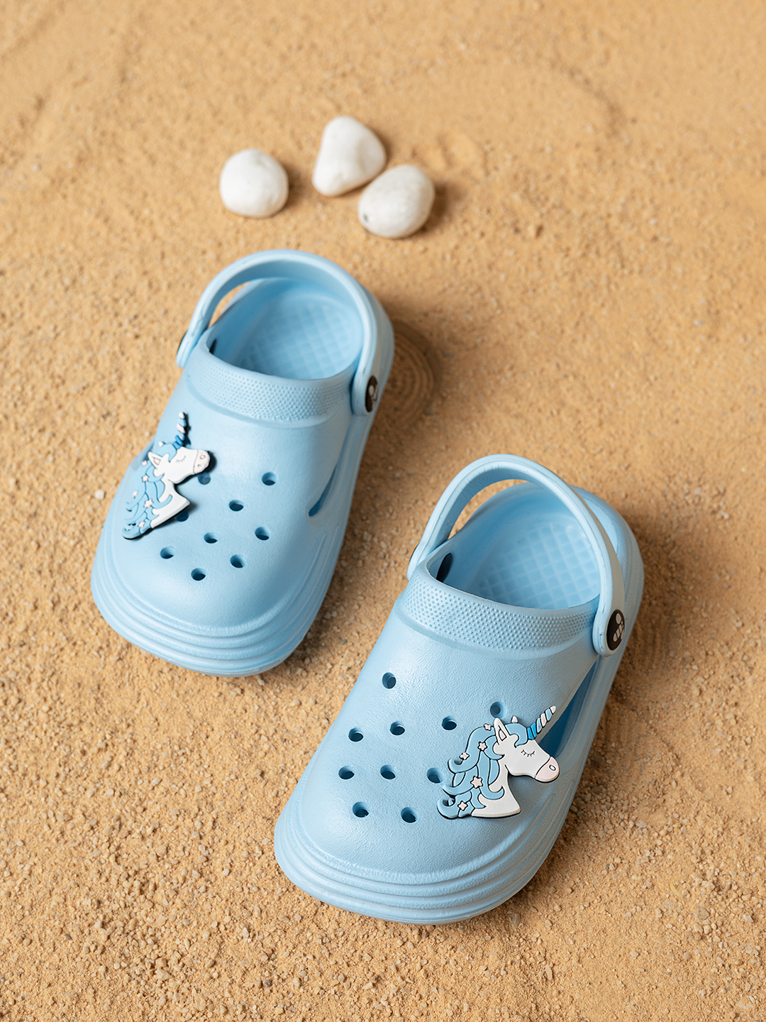 Girls Sky Blue Clogs with Unicorn Charm and Comfortable Fit
