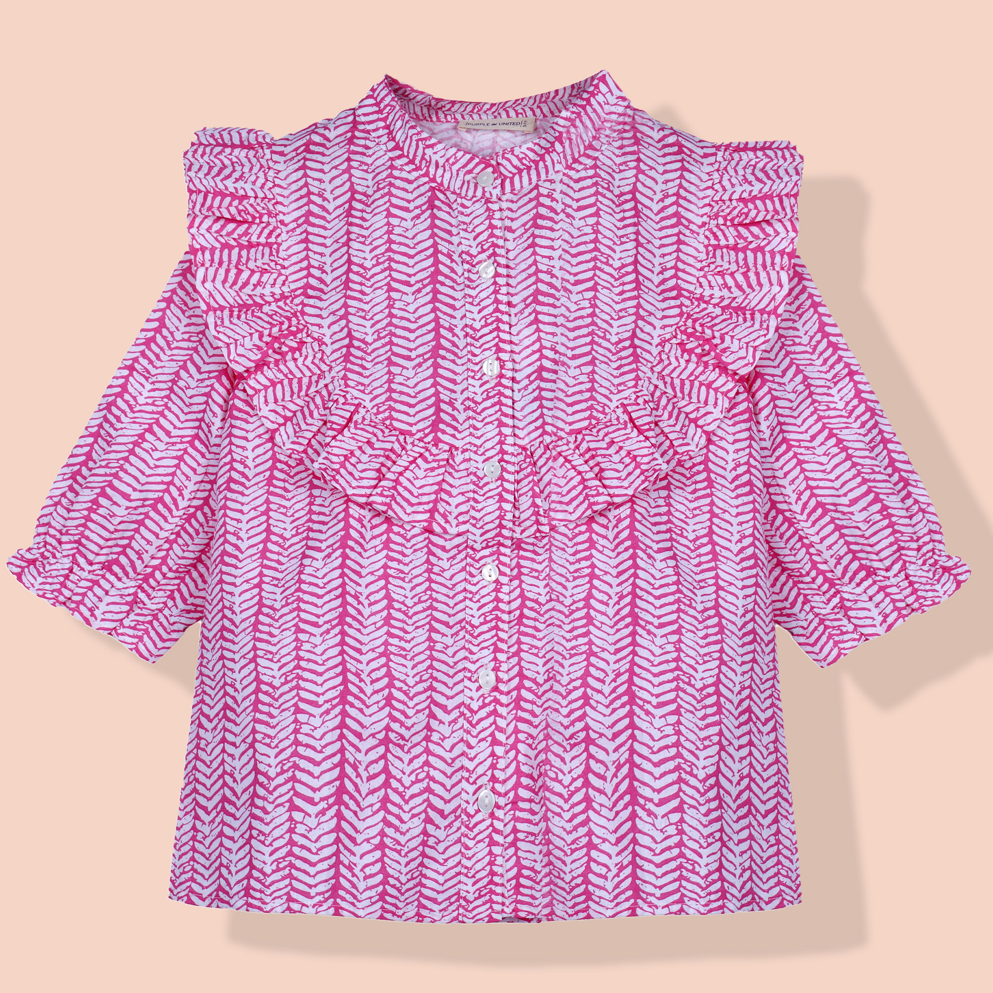 Kids Girls Cotton Full Sleeves Collared Neck Printed Ruffle Top